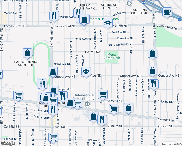 map of restaurants, bars, coffee shops, grocery stores, and more near 406 Grove Street Northeast in Albuquerque