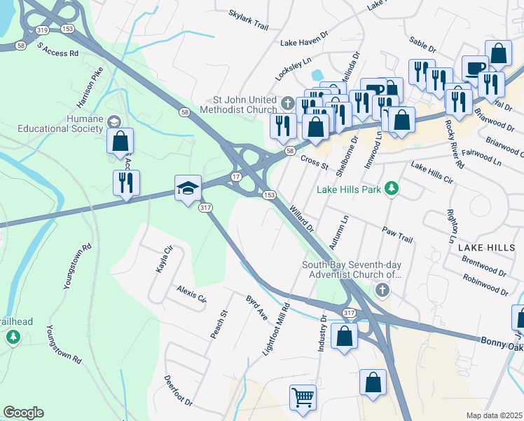 map of restaurants, bars, coffee shops, grocery stores, and more near 4147 Willard Drive in Chattanooga