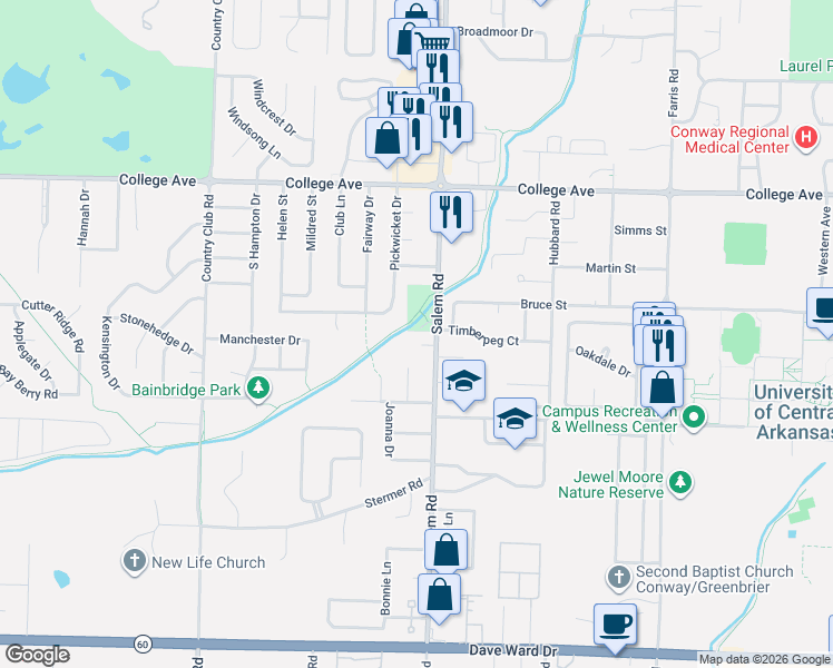 map of restaurants, bars, coffee shops, grocery stores, and more near 2904 Percy Circle in Conway