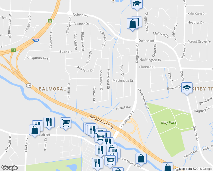 map of restaurants, bars, coffee shops, grocery stores, and more near 2515 Hawkhurst Street in Memphis