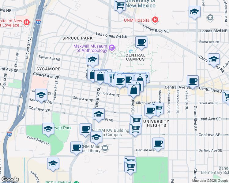 map of restaurants, bars, coffee shops, grocery stores, and more near 119 Terrace Street Southeast in Albuquerque