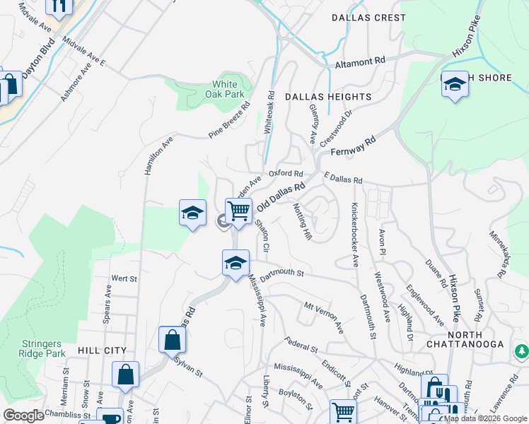 map of restaurants, bars, coffee shops, grocery stores, and more near 715 Old Dallas Road in Chattanooga