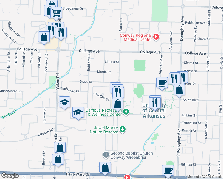 map of restaurants, bars, coffee shops, grocery stores, and more near 7 Birchwood Drive in Conway