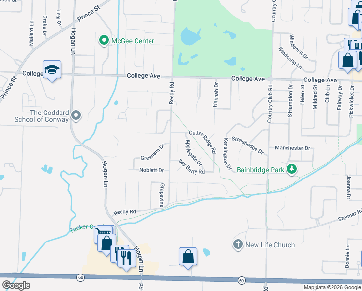 map of restaurants, bars, coffee shops, grocery stores, and more near 170 Peach Street in Conway