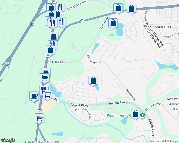 map of restaurants, bars, coffee shops, grocery stores, and more near 3192 Hadden Hall Boulevard in Fort Mill