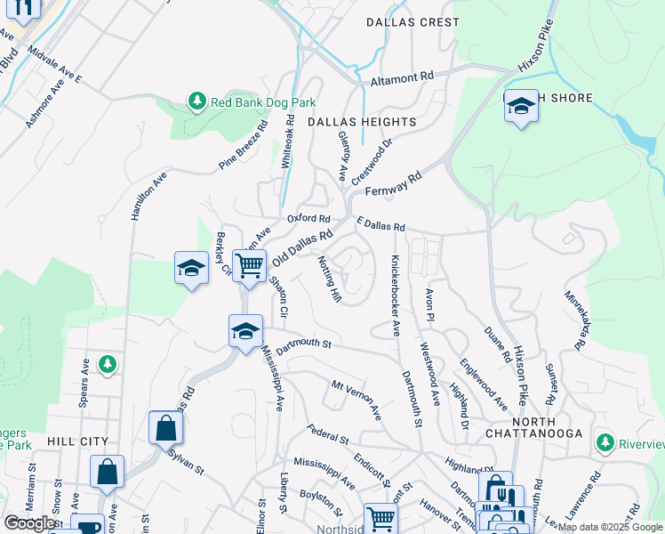 map of restaurants, bars, coffee shops, grocery stores, and more near 1002 North Natchez Road in Chattanooga
