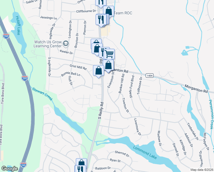 map of restaurants, bars, coffee shops, grocery stores, and more near 6501 Tuckahoe Court in Fayetteville