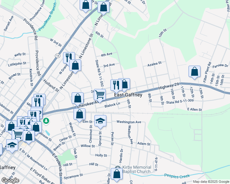 map of restaurants, bars, coffee shops, grocery stores, and more near 601 1st Avenue in Gaffney