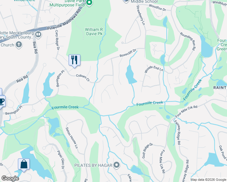map of restaurants, bars, coffee shops, grocery stores, and more near 8716 Brownes Pond Lane in Charlotte