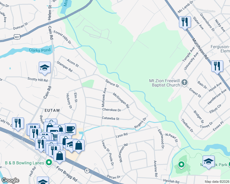 map of restaurants, bars, coffee shops, grocery stores, and more near 1824 McGougan Road in Fayetteville