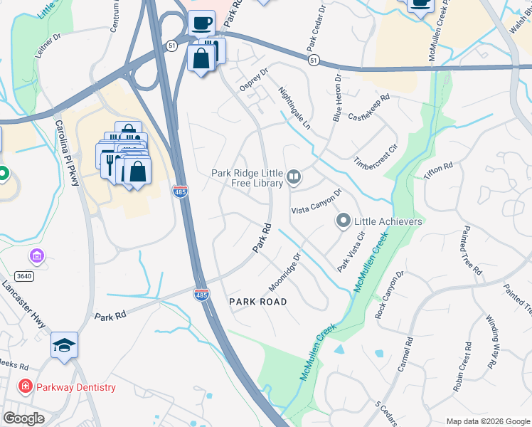 map of restaurants, bars, coffee shops, grocery stores, and more near 11516 Park Road in Charlotte