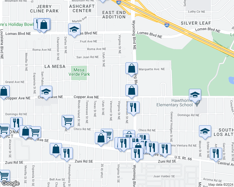 map of restaurants, bars, coffee shops, grocery stores, and more near 411 Virginia Street Northeast in Albuquerque