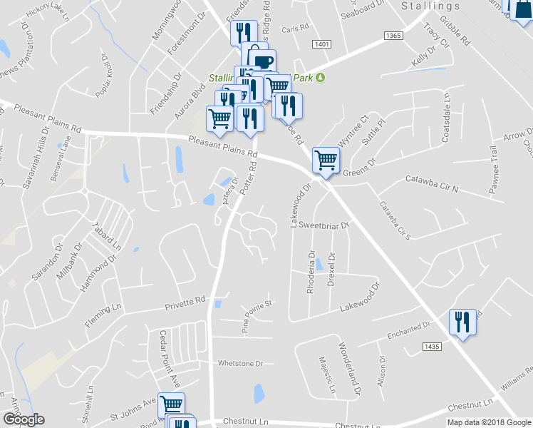 map of restaurants, bars, coffee shops, grocery stores, and more near 1272 Curry Way in Matthews