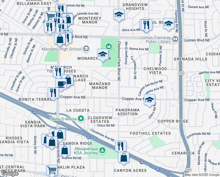 map of restaurants, bars, coffee shops, grocery stores, and more near 12604 Monarch Drive Northeast in Albuquerque