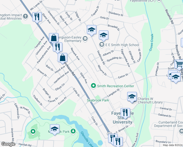 map of restaurants, bars, coffee shops, grocery stores, and more near 1626 Newark Avenue in Fayetteville