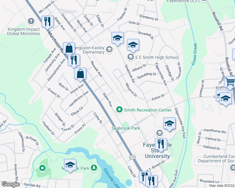 map of restaurants, bars, coffee shops, grocery stores, and more near 1626 Newark Avenue in Fayetteville
