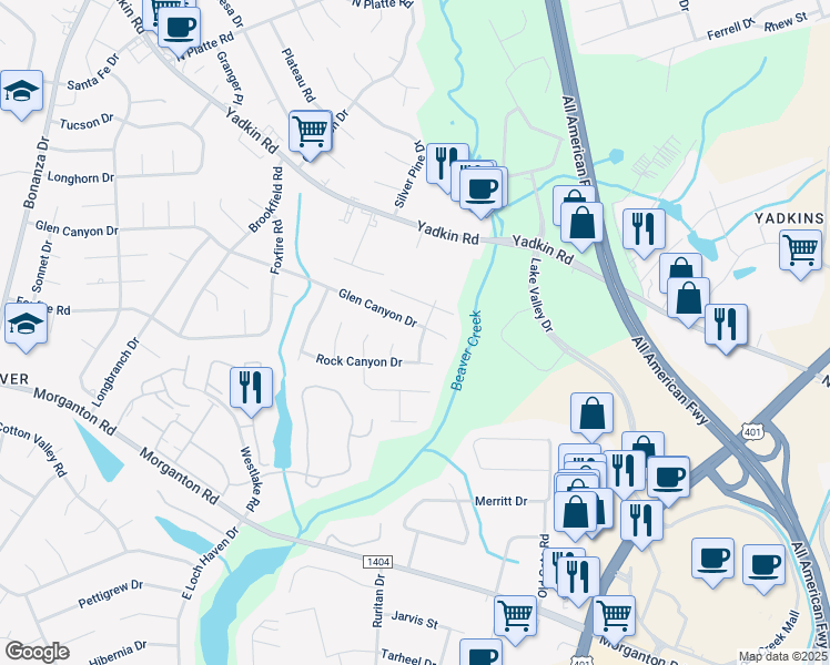 map of restaurants, bars, coffee shops, grocery stores, and more near 540 Glen Canyon Drive in Fayetteville