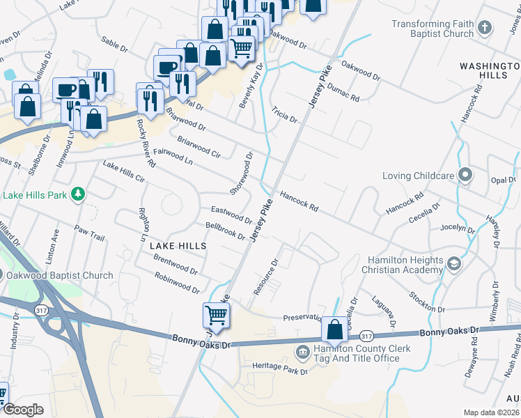 map of restaurants, bars, coffee shops, grocery stores, and more near 4607 Jersey Pike in Chattanooga