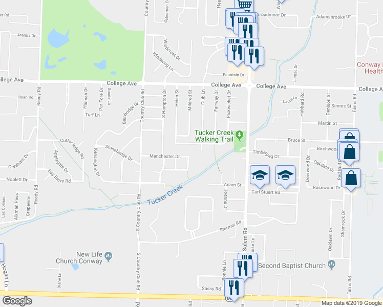 map of restaurants, bars, coffee shops, grocery stores, and more near 30 Manchester Drive in Conway