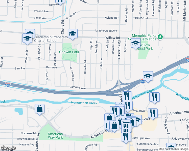 map of restaurants, bars, coffee shops, grocery stores, and more near 1877 Sea Isle Road in Memphis