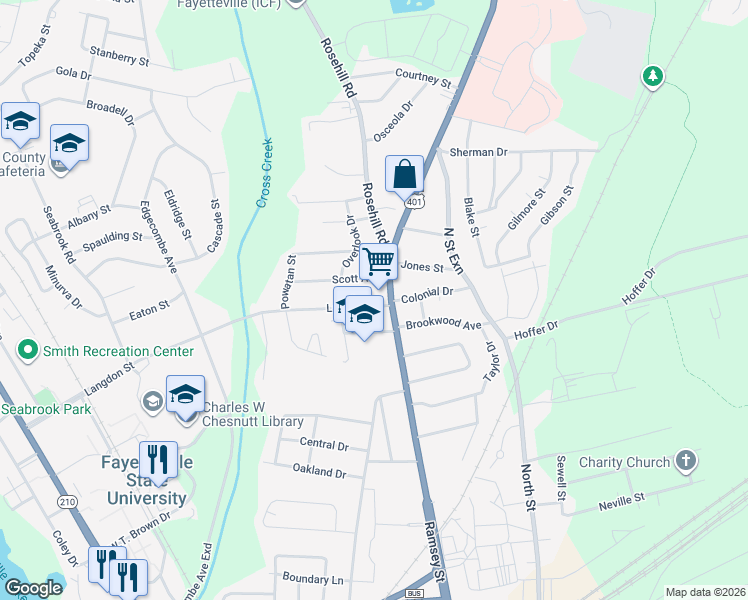 map of restaurants, bars, coffee shops, grocery stores, and more near 1700-1702 Ramsey St in Fayetteville