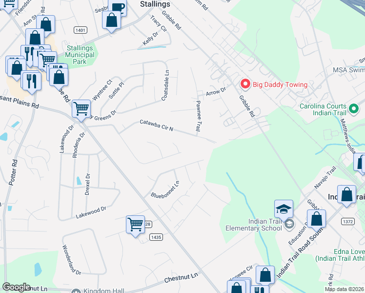 map of restaurants, bars, coffee shops, grocery stores, and more near 15435 Catawba Circle South in Matthews