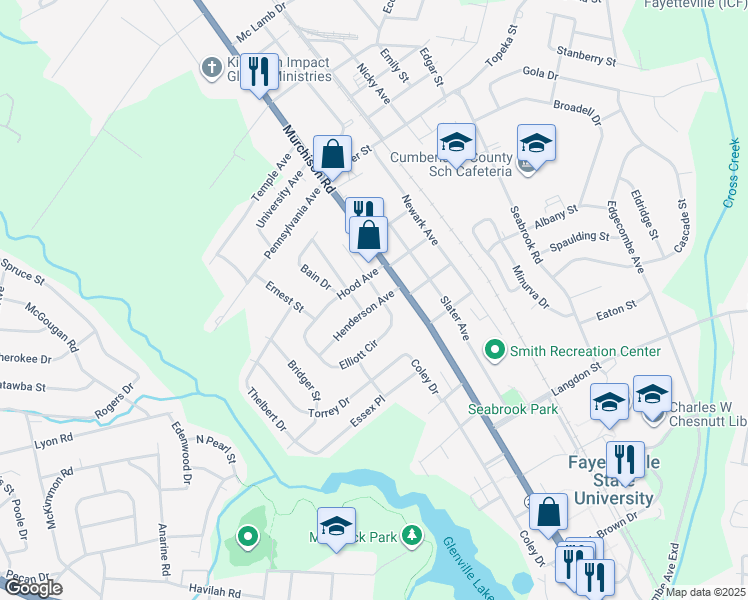map of restaurants, bars, coffee shops, grocery stores, and more near 1807 Harris Street in Fayetteville