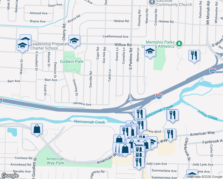 map of restaurants, bars, coffee shops, grocery stores, and more near 1878 Tahiti Lane in Memphis