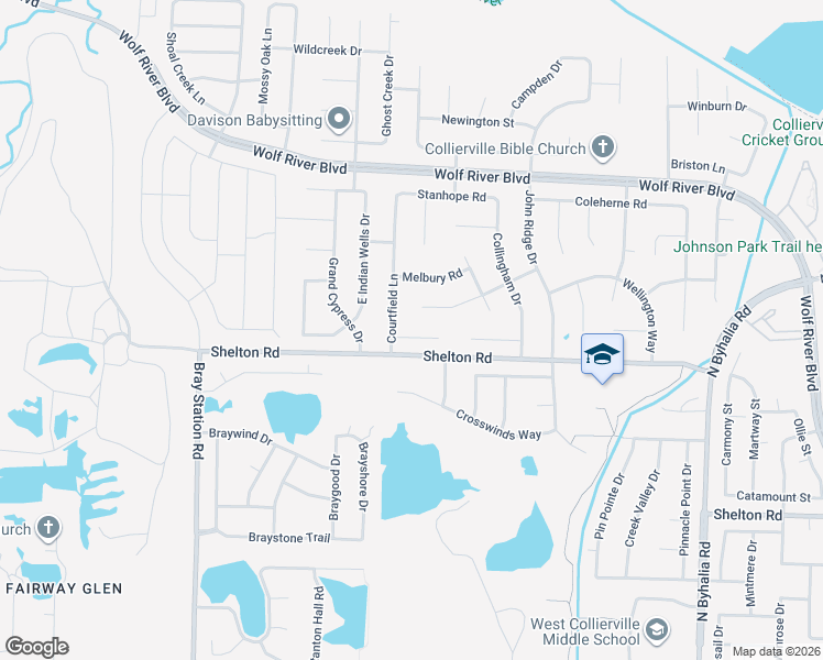 map of restaurants, bars, coffee shops, grocery stores, and more near 1050 Courtfield Cove in Collierville