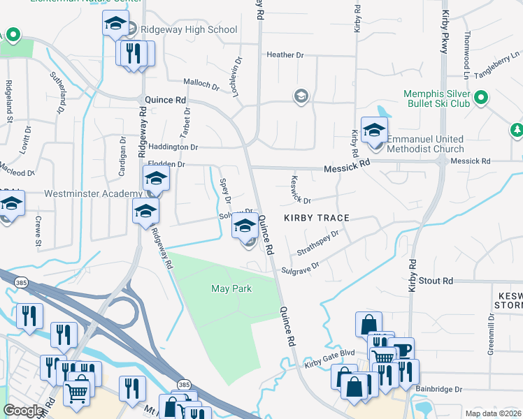 map of restaurants, bars, coffee shops, grocery stores, and more near 6306 Quince Road in Memphis