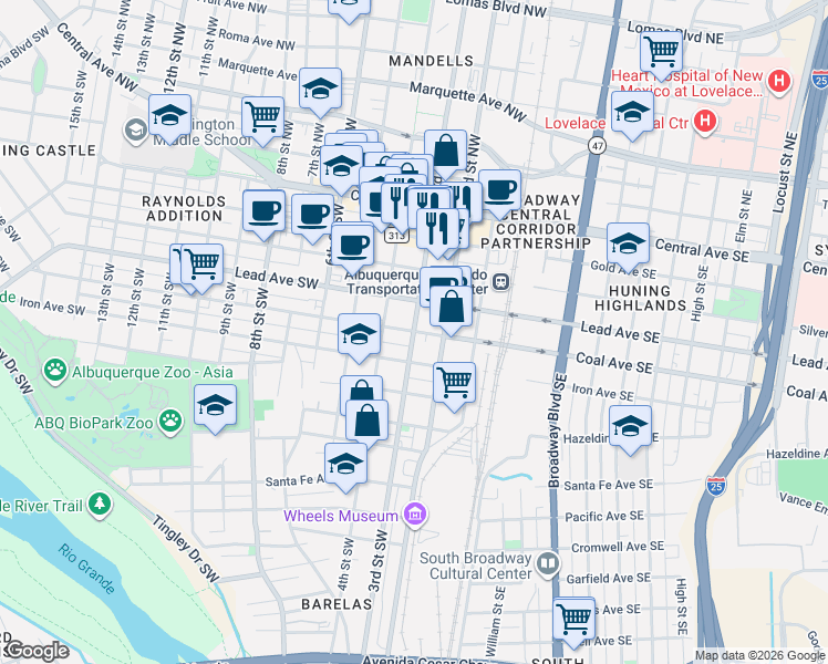 map of restaurants, bars, coffee shops, grocery stores, and more near 3rd St SW & Coal Ave SW in Albuquerque