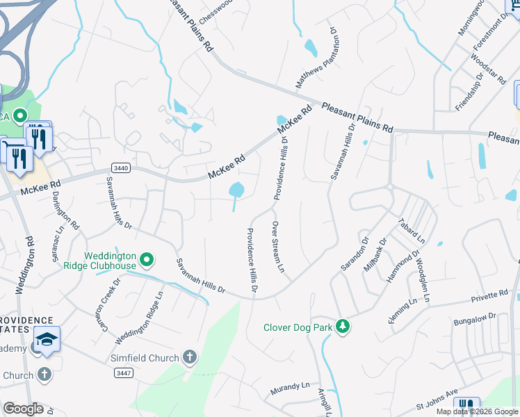 map of restaurants, bars, coffee shops, grocery stores, and more near 3025 Providence Hills Drive in Matthews