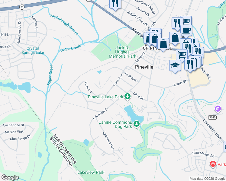 map of restaurants, bars, coffee shops, grocery stores, and more near 905 Cone Avenue in Pineville