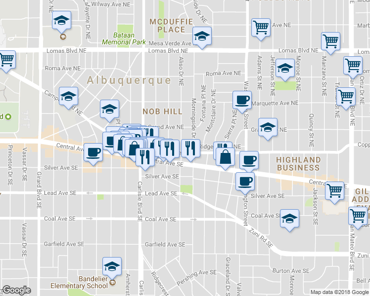 map of restaurants, bars, coffee shops, grocery stores, and more near 204 Aliso Drive Northeast in Albuquerque