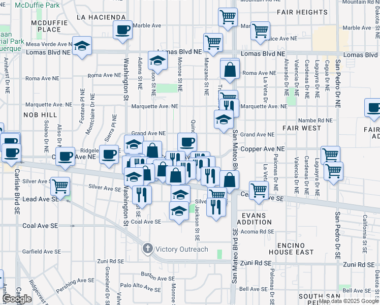 map of restaurants, bars, coffee shops, grocery stores, and more near 203 Quincy Street Northeast in Albuquerque