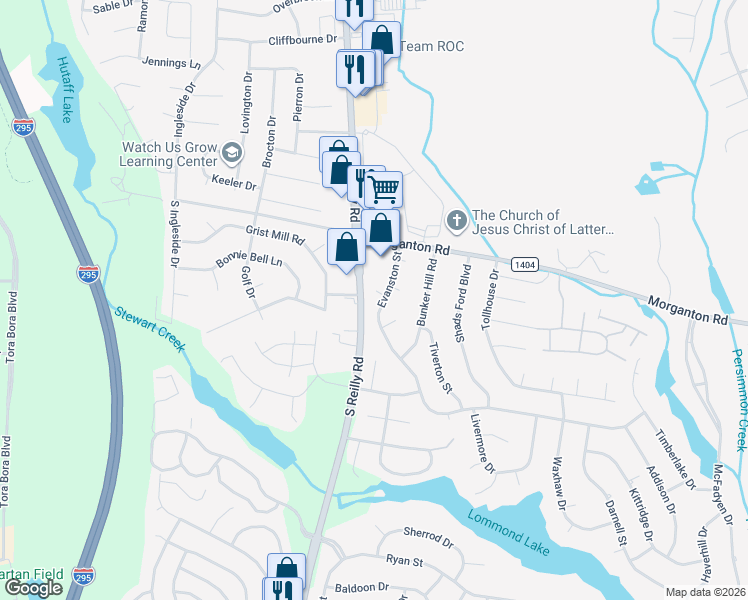 map of restaurants, bars, coffee shops, grocery stores, and more near 6501 Tuckahoe Court in Fayetteville
