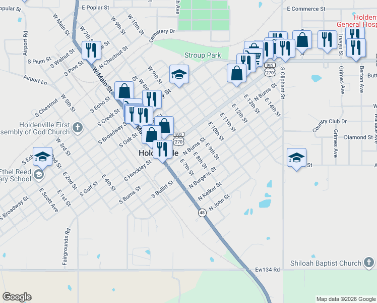 map of restaurants, bars, coffee shops, grocery stores, and more near 512 East 8th Street in Holdenville