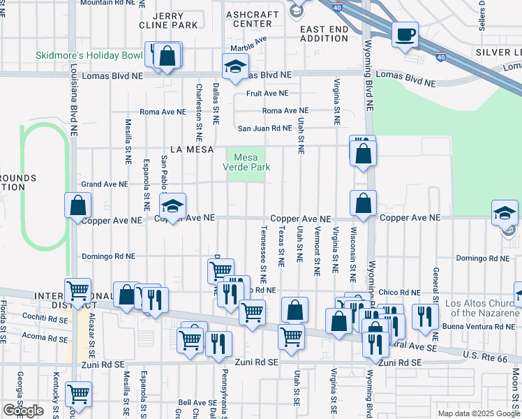 map of restaurants, bars, coffee shops, grocery stores, and more near 411 Tennessee Street Northeast in Albuquerque