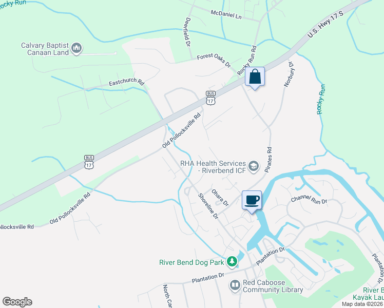 map of restaurants, bars, coffee shops, grocery stores, and more near 21 Masters Court Drive in New Bern