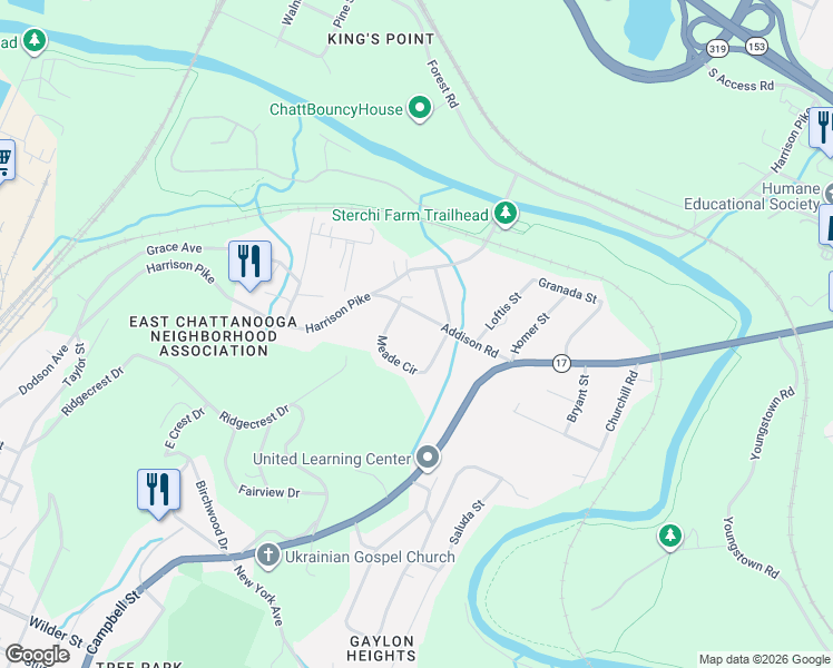 map of restaurants, bars, coffee shops, grocery stores, and more near 2444 Meade Circle in Chattanooga