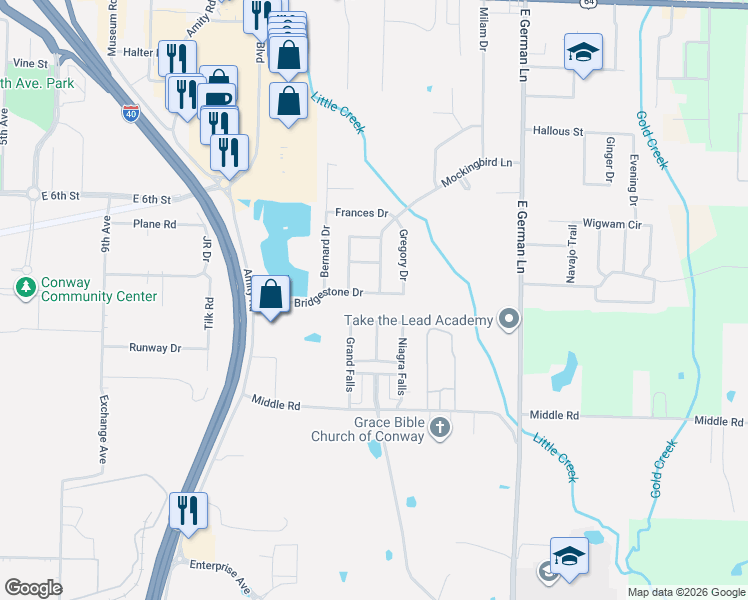 map of restaurants, bars, coffee shops, grocery stores, and more near 22 Bridgestone Drive in Conway
