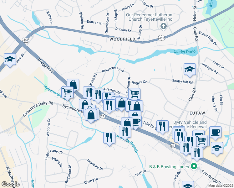 map of restaurants, bars, coffee shops, grocery stores, and more near 824 Carol Street in Fayetteville