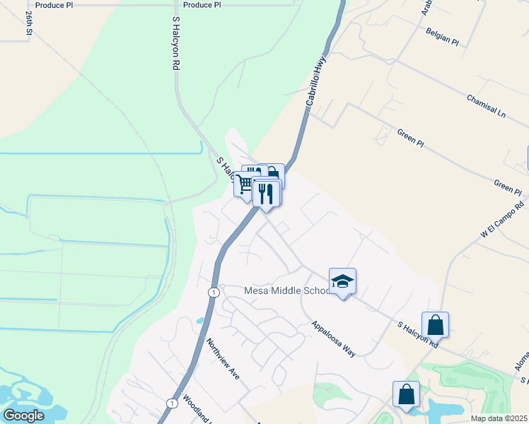 map of restaurants, bars, coffee shops, grocery stores, and more near 2796 S Halcyon Rd in Arroyo Grande