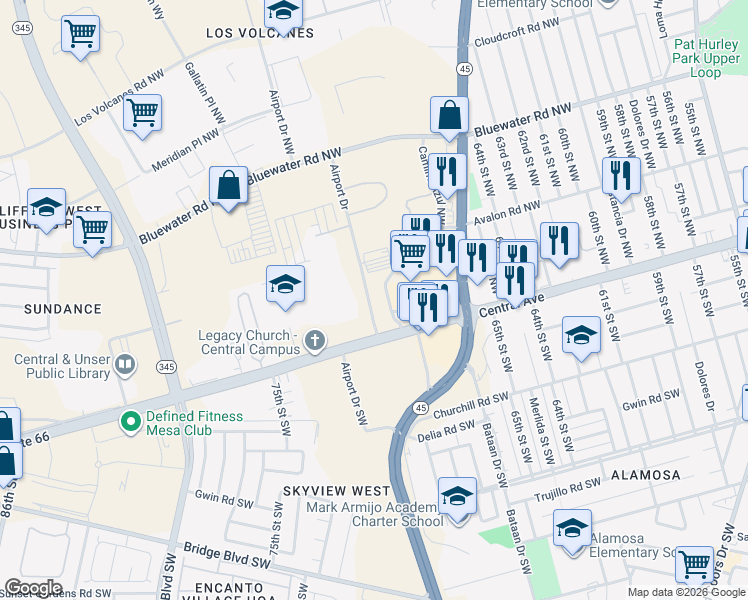 map of restaurants, bars, coffee shops, grocery stores, and more near 6921 Central Avenue Northwest in Albuquerque