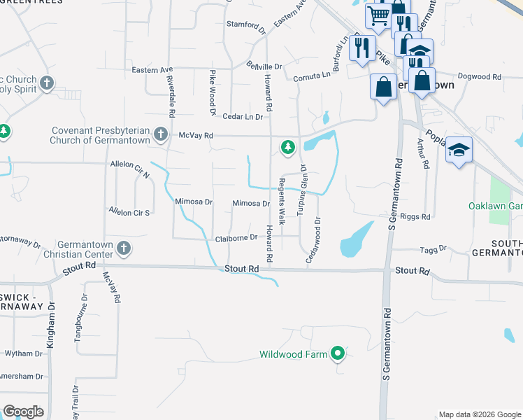 map of restaurants, bars, coffee shops, grocery stores, and more near 2505 Howard Road in Germantown