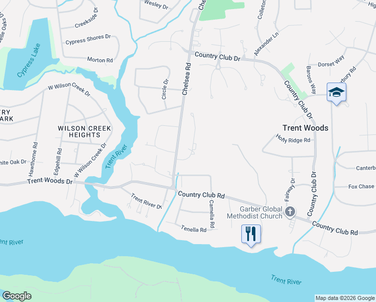 map of restaurants, bars, coffee shops, grocery stores, and more near 602 Chelsea Road in Trent Woods