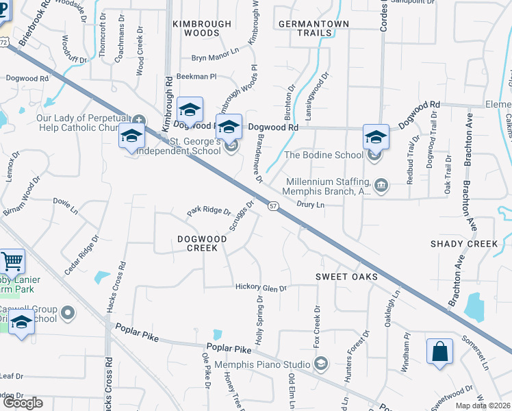 map of restaurants, bars, coffee shops, grocery stores, and more near 8332 Scruggs Drive in Germantown