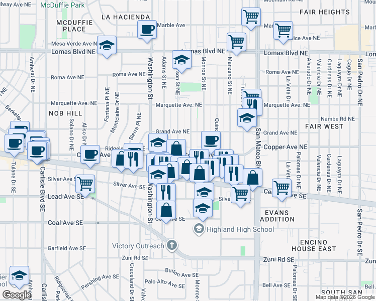 map of restaurants, bars, coffee shops, grocery stores, and more near 202 Madison Street Northeast in Albuquerque