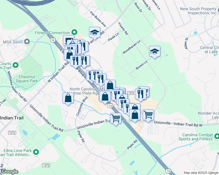 map of restaurants, bars, coffee shops, grocery stores, and more near 206 June Drive in Indian Trail