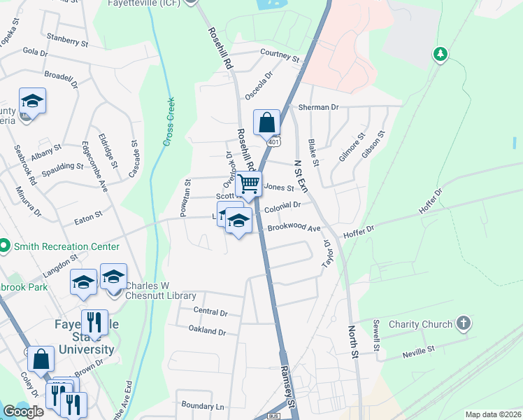 map of restaurants, bars, coffee shops, grocery stores, and more near 1700 Ramsey Street in Fayetteville